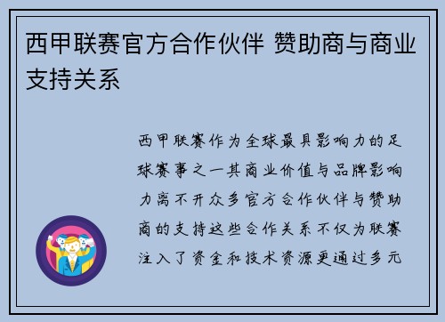 西甲联赛官方合作伙伴 赞助商与商业支持关系